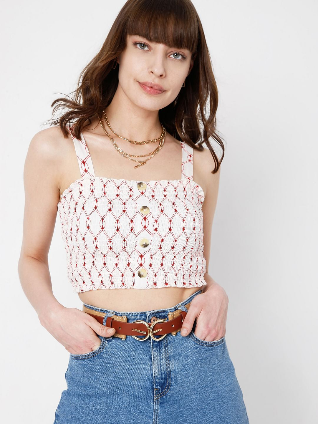 White Printed Cropped Top