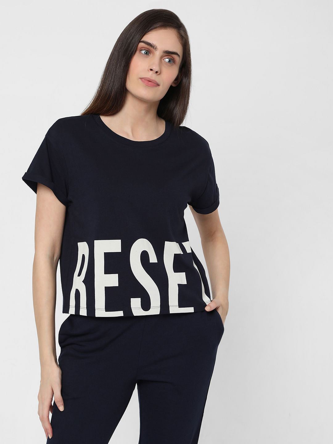 Navy Blue Text Print Lounge T-Shirt