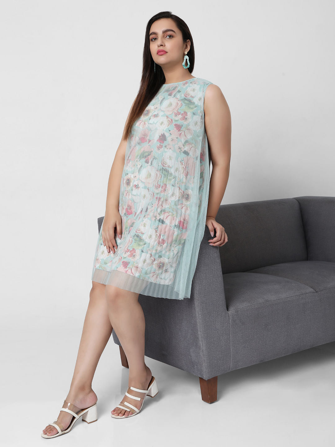 Curve Green Floral Mesh Layered Dress