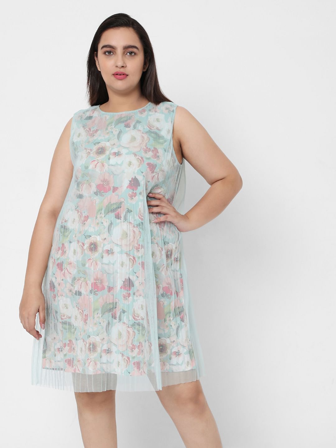 Curve Green Floral Mesh Layered Dress