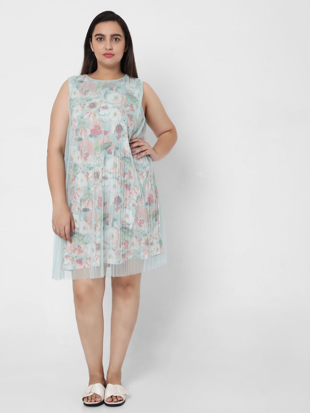 Curve Green Floral Mesh Layered Dress