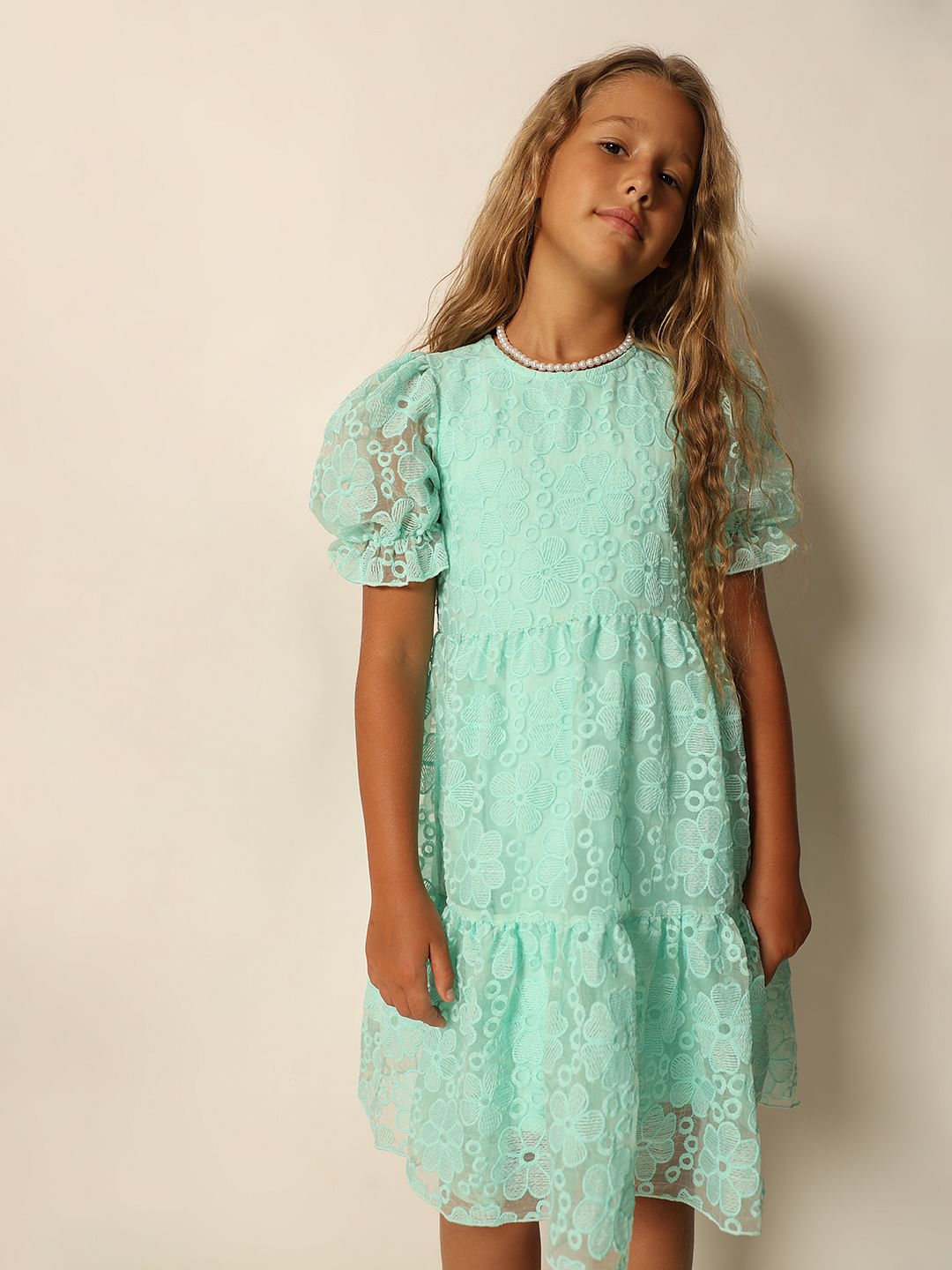 Girls Blue Embroidered Fit & Flare Dress