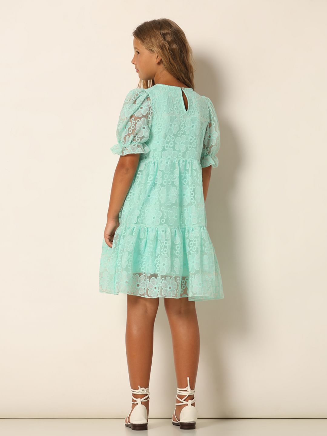 Girls Blue Embroidered Fit & Flare Dress