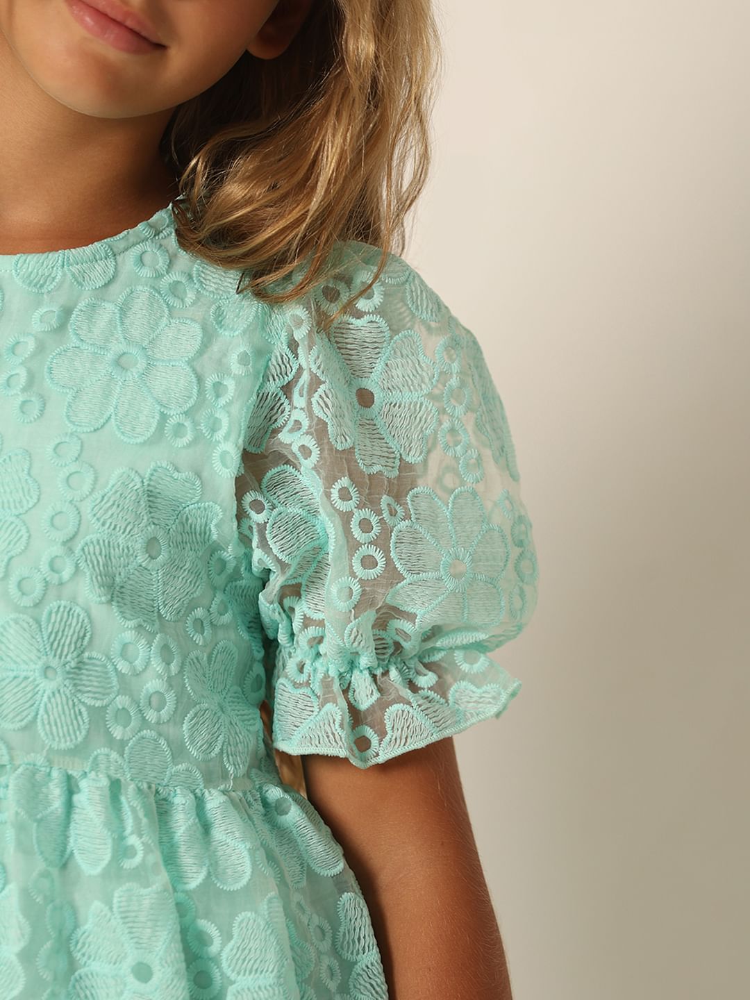 Girls Blue Embroidered Fit & Flare Dress