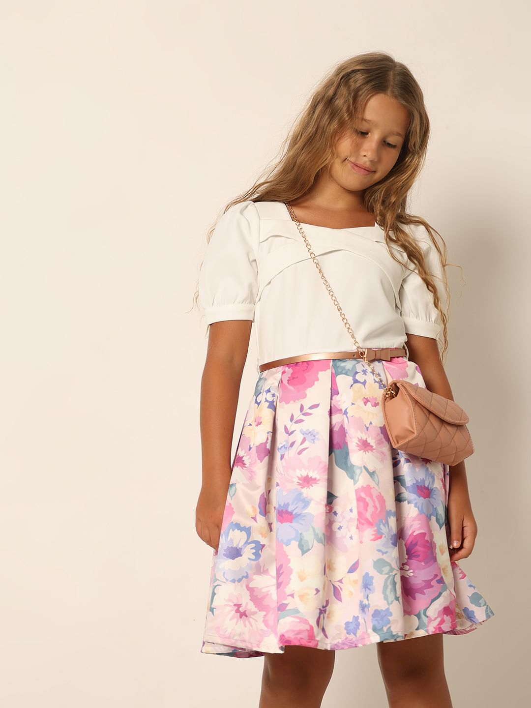 Girls White Floral Print Dress