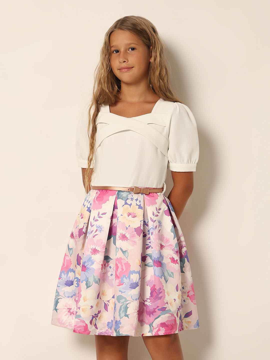 Girls White Floral Print Dress