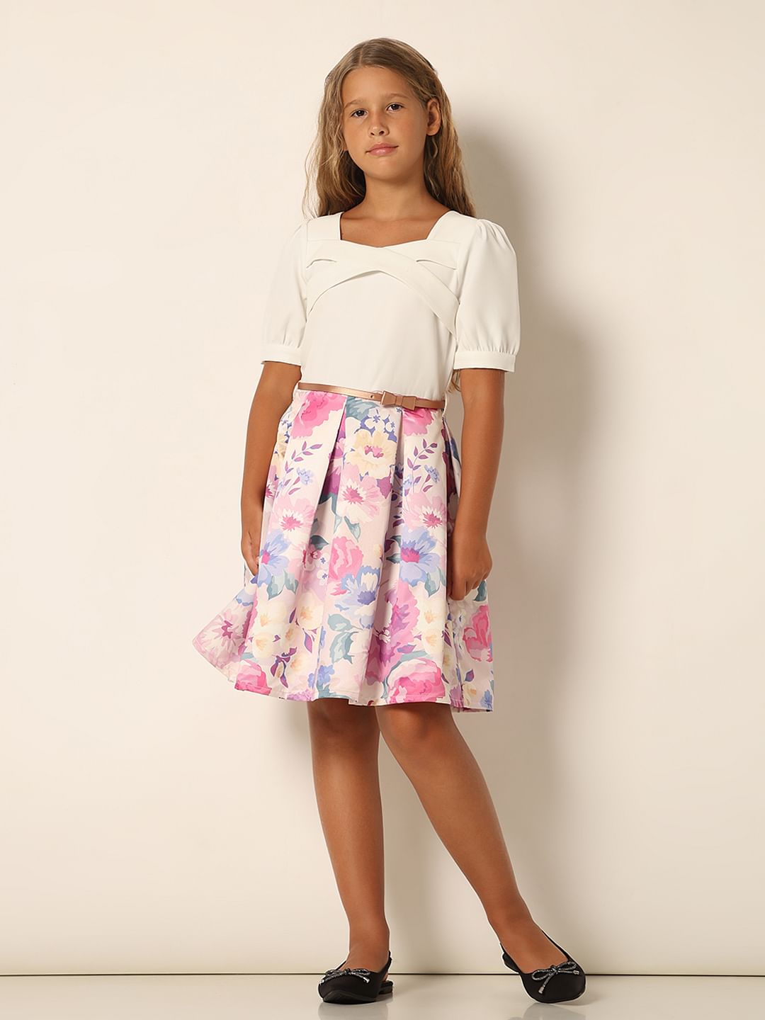Girls White Floral Print Dress