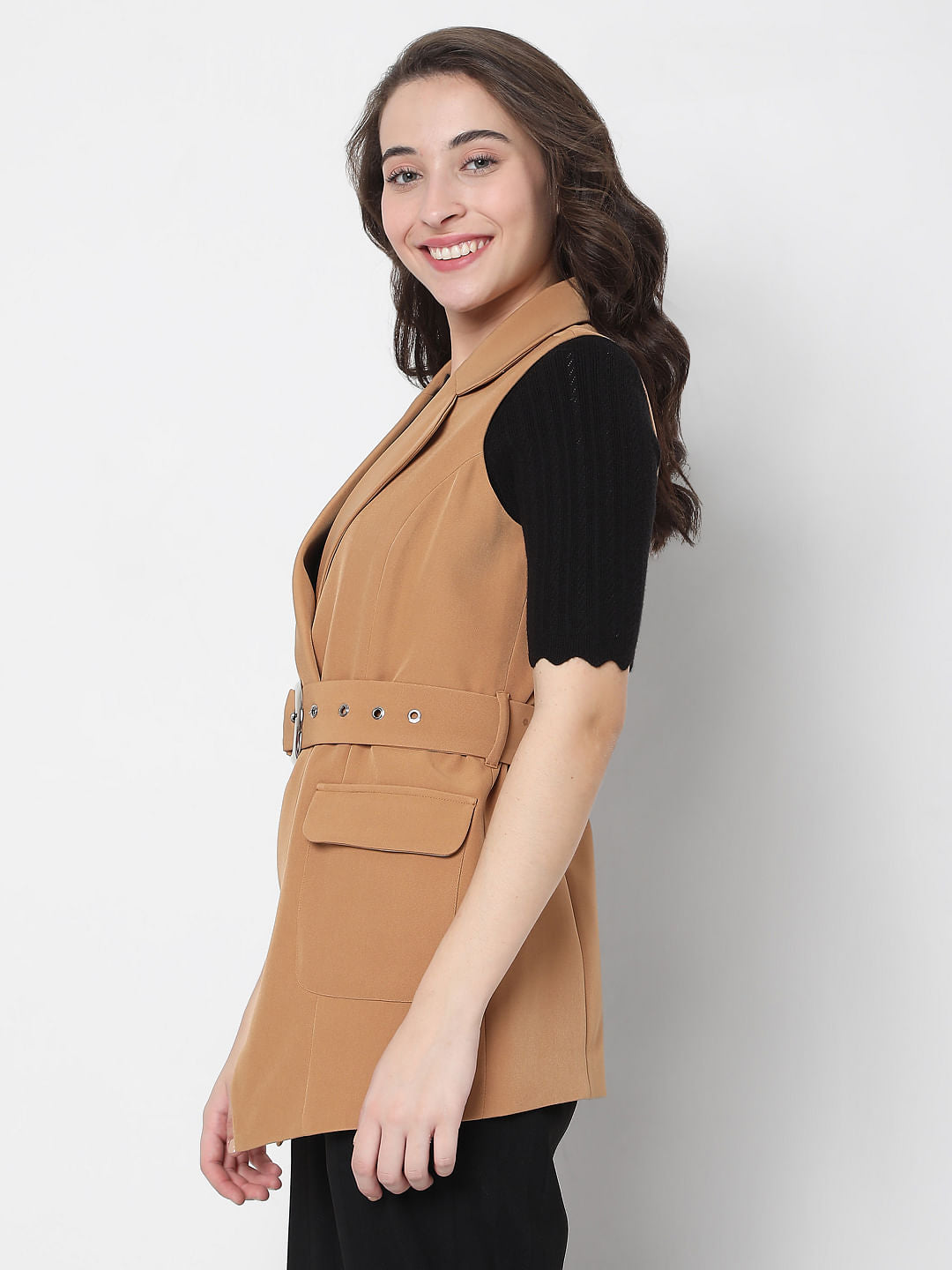 Brown Belted Sleeveless Blazer
