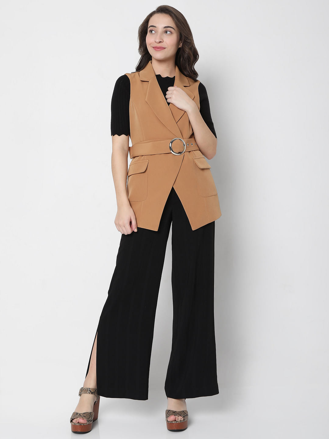 Brown Belted Sleeveless Blazer