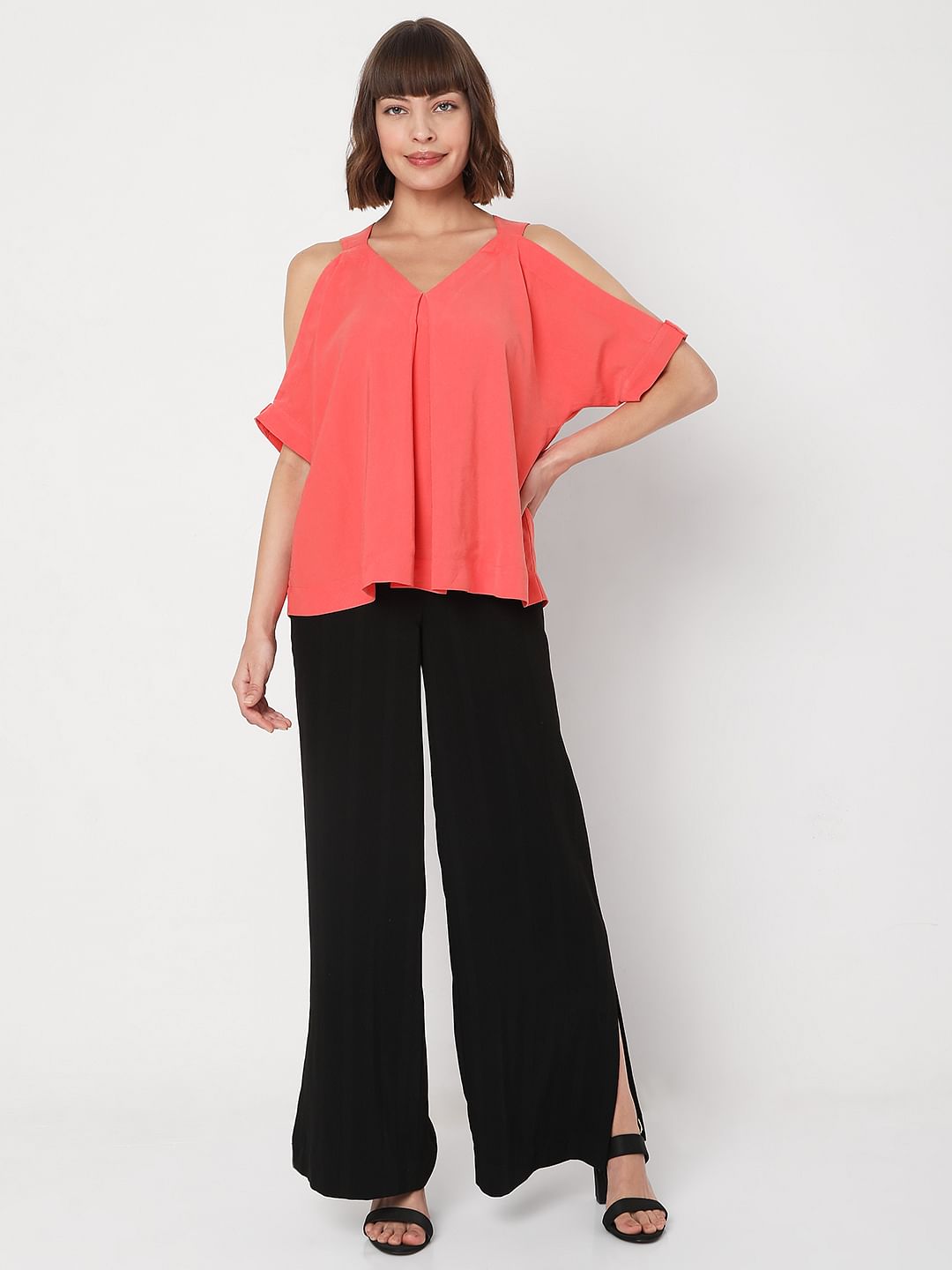 Coral Cold-Shoulder Top