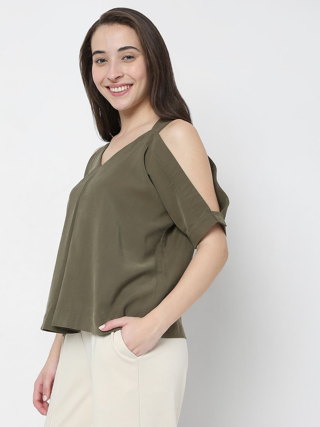Green Cold Shoulder Top