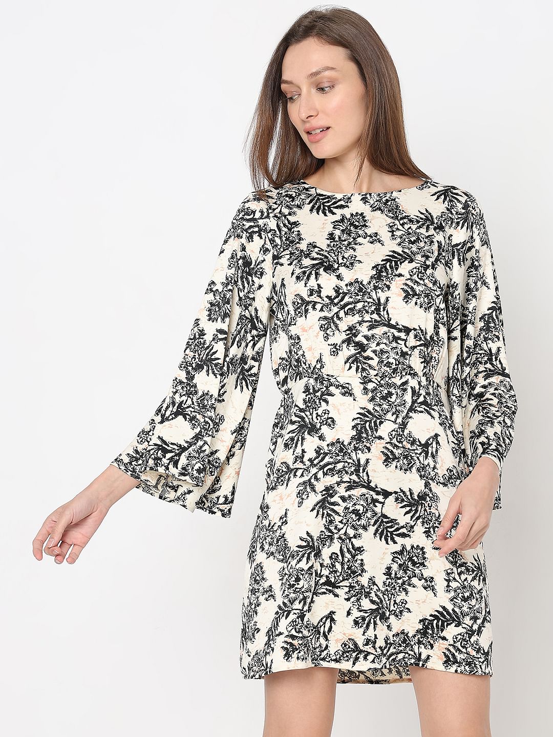 Beige Floral Print Dress