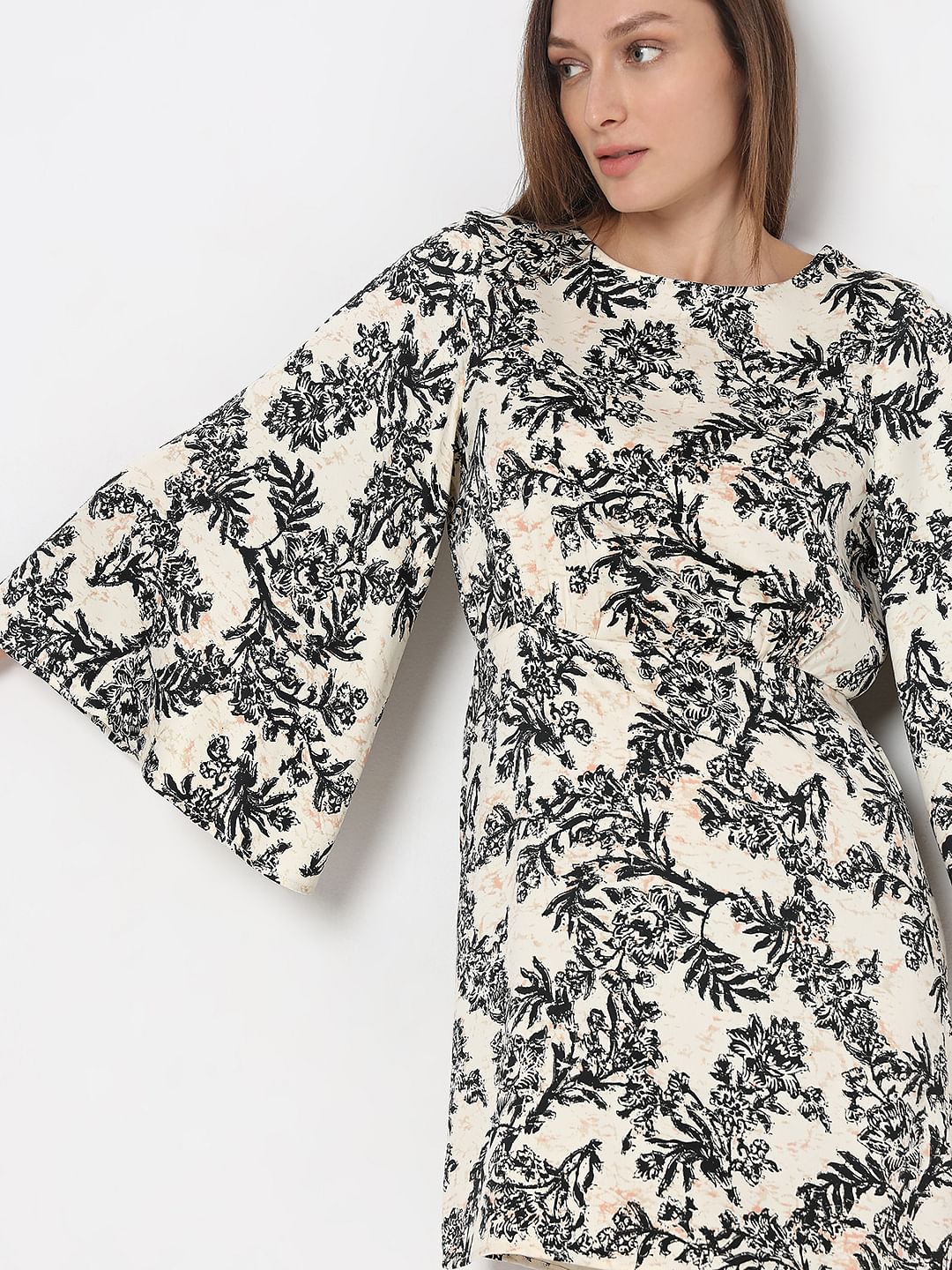 Beige Floral Print Dress