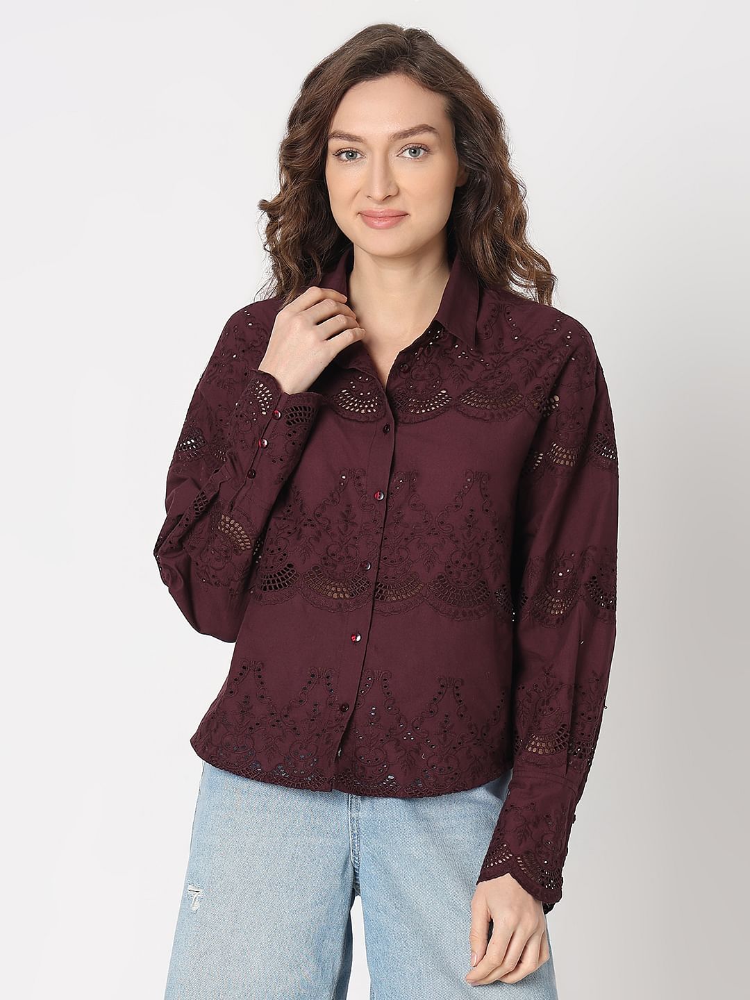 Wine Cut-Work Cotton Shirt