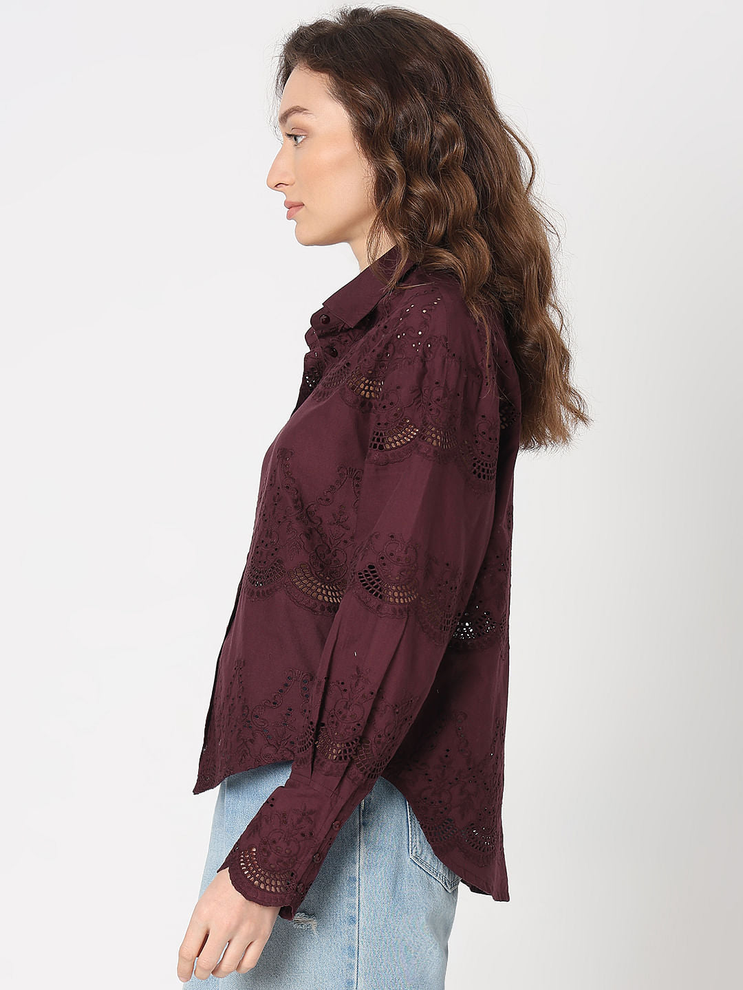 Wine Cut-Work Cotton Shirt