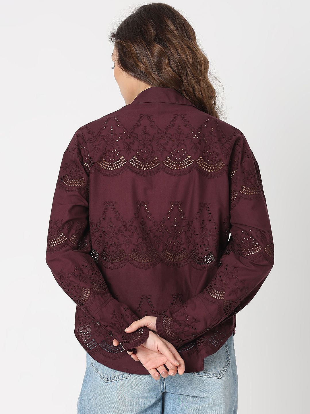 Wine Cut-Work Cotton Shirt