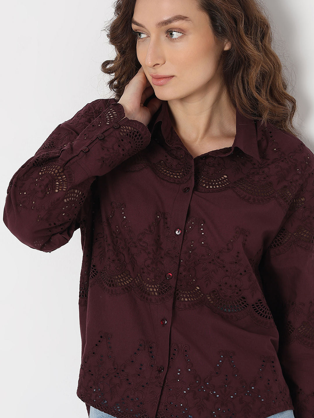 Wine Cut-Work Cotton Shirt
