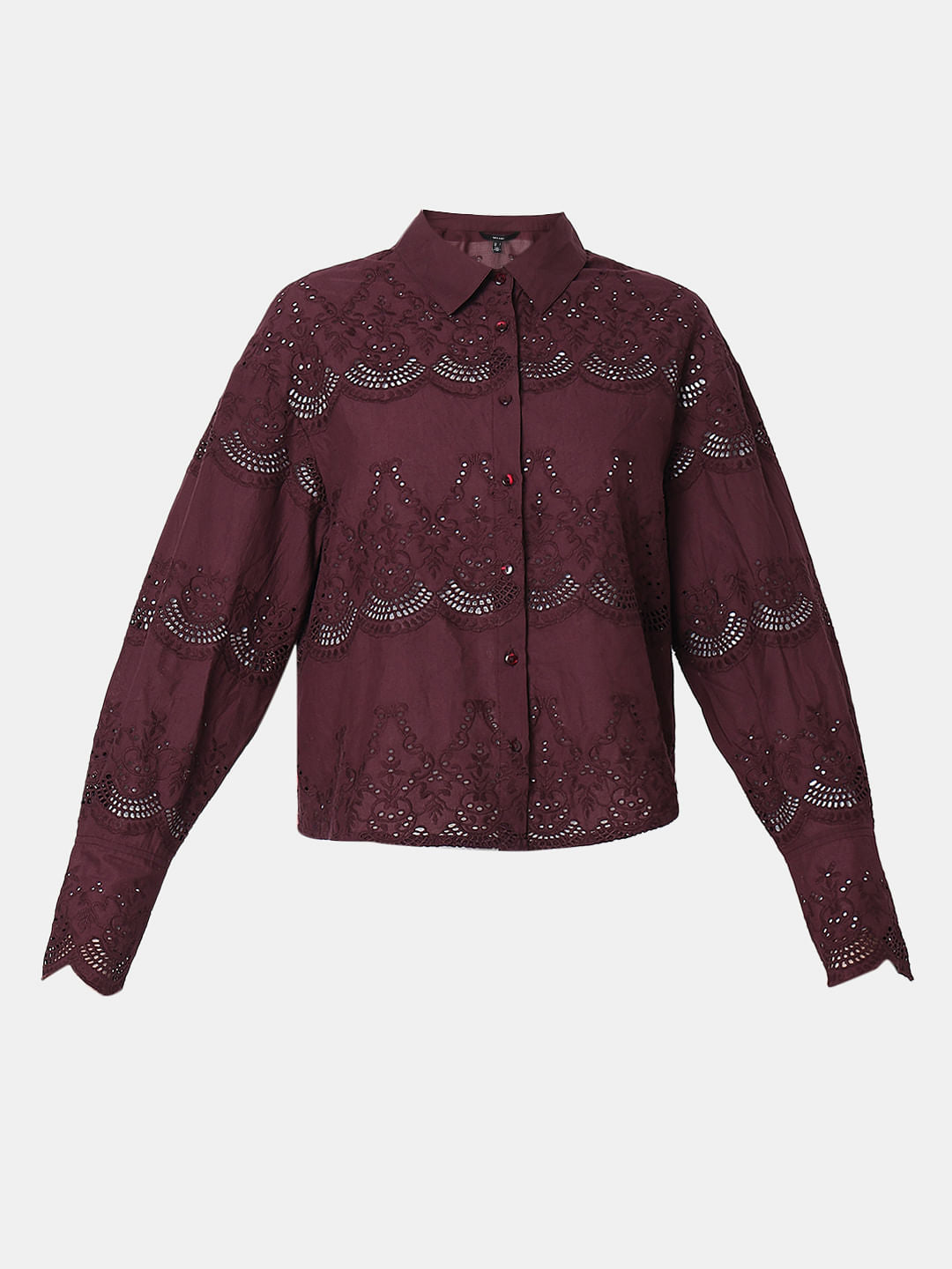 Wine Cut-Work Cotton Shirt