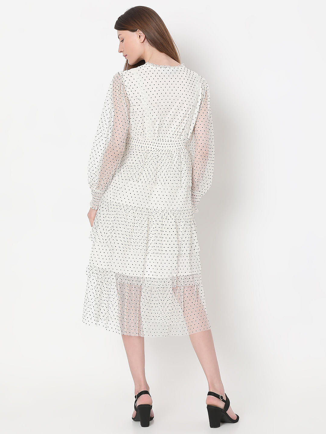 White Polka Dot Mesh Midi Dress