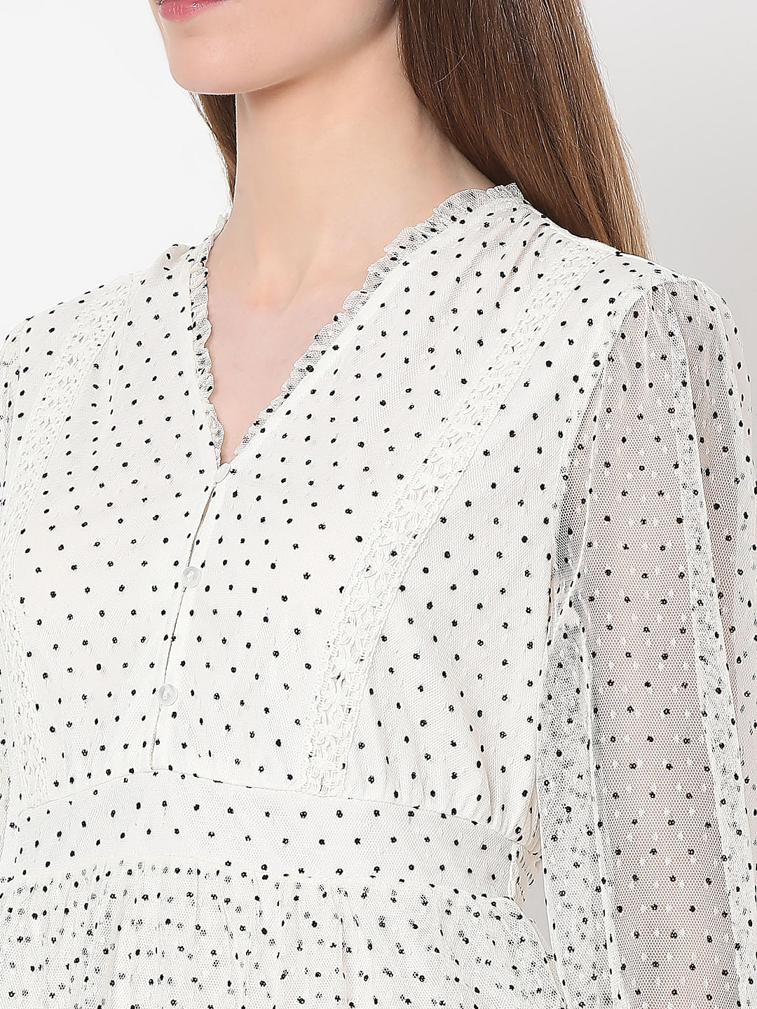 White Polka Dot Mesh Midi Dress