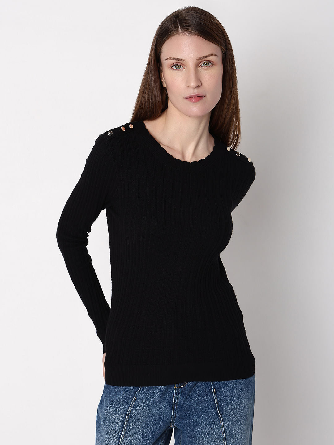 Black Button Detail Fitted Pullover