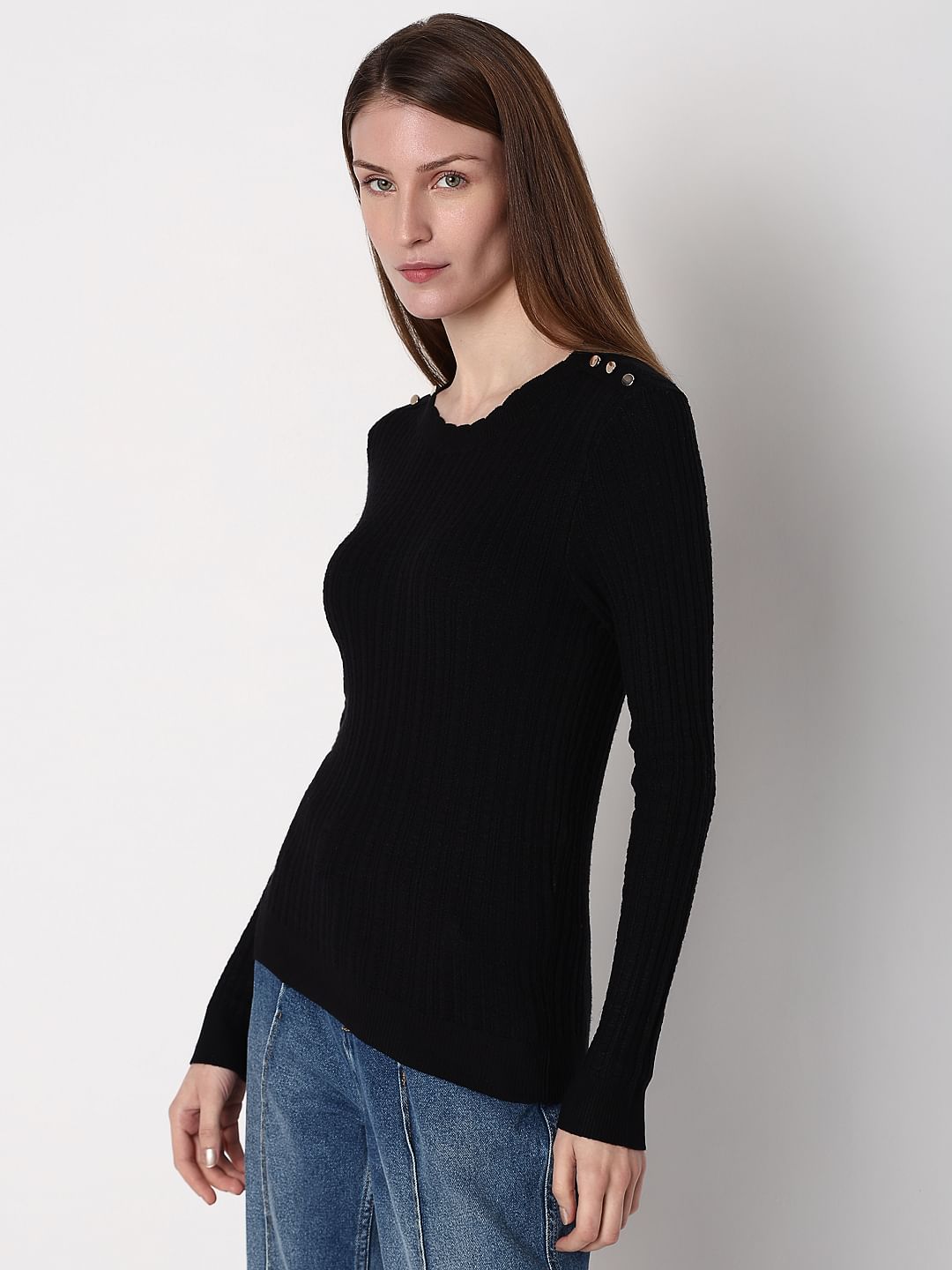 Black Button Detail Fitted Pullover