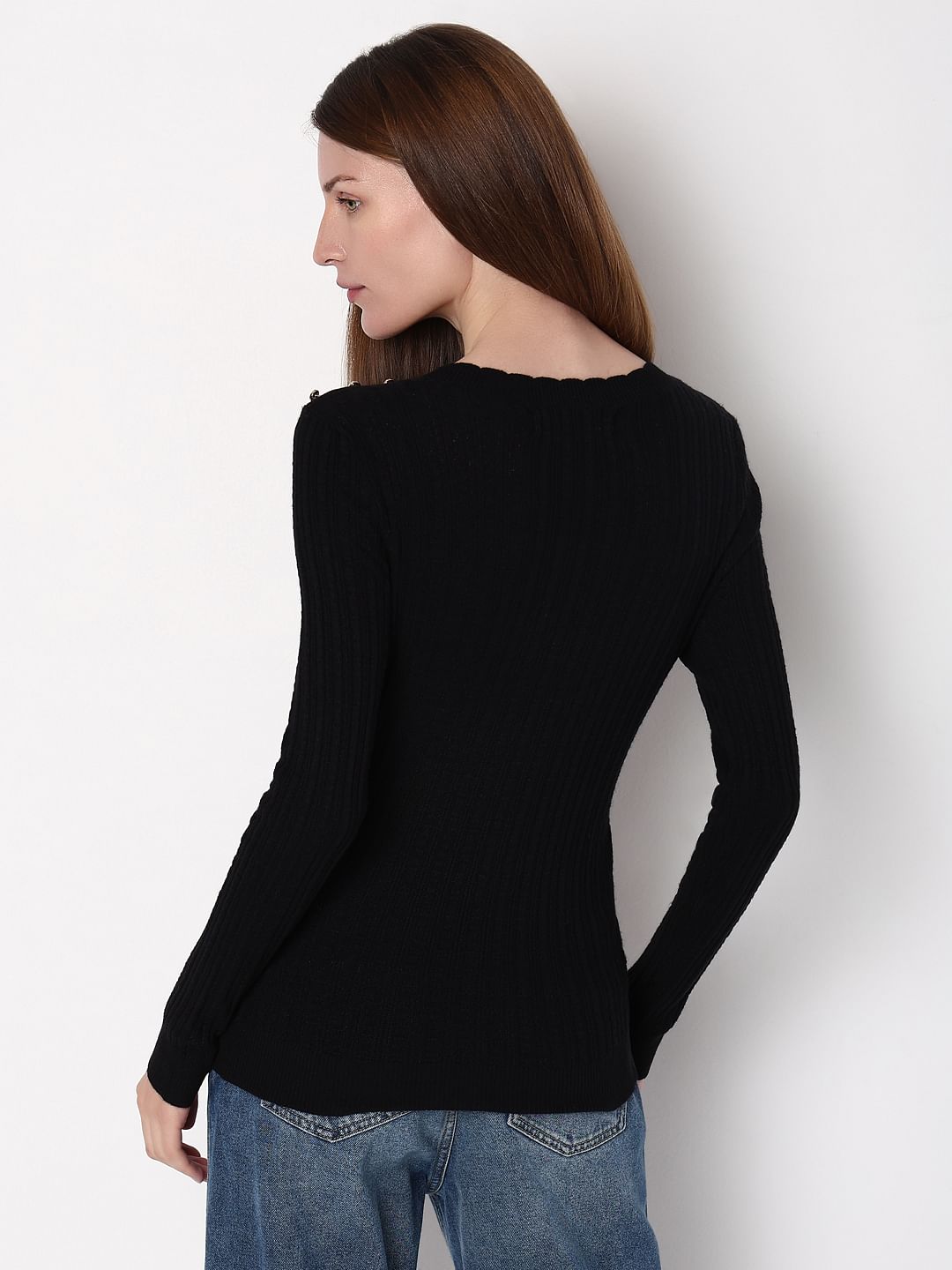 Black Button Detail Fitted Pullover