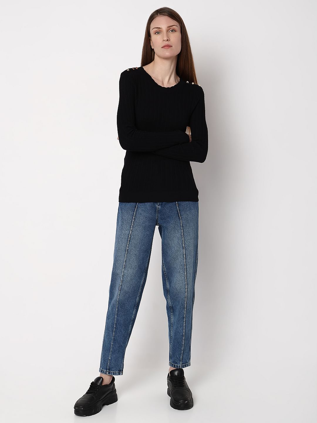 Black Button Detail Fitted Pullover