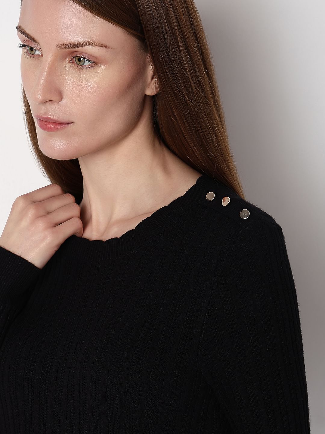 Black Button Detail Fitted Pullover