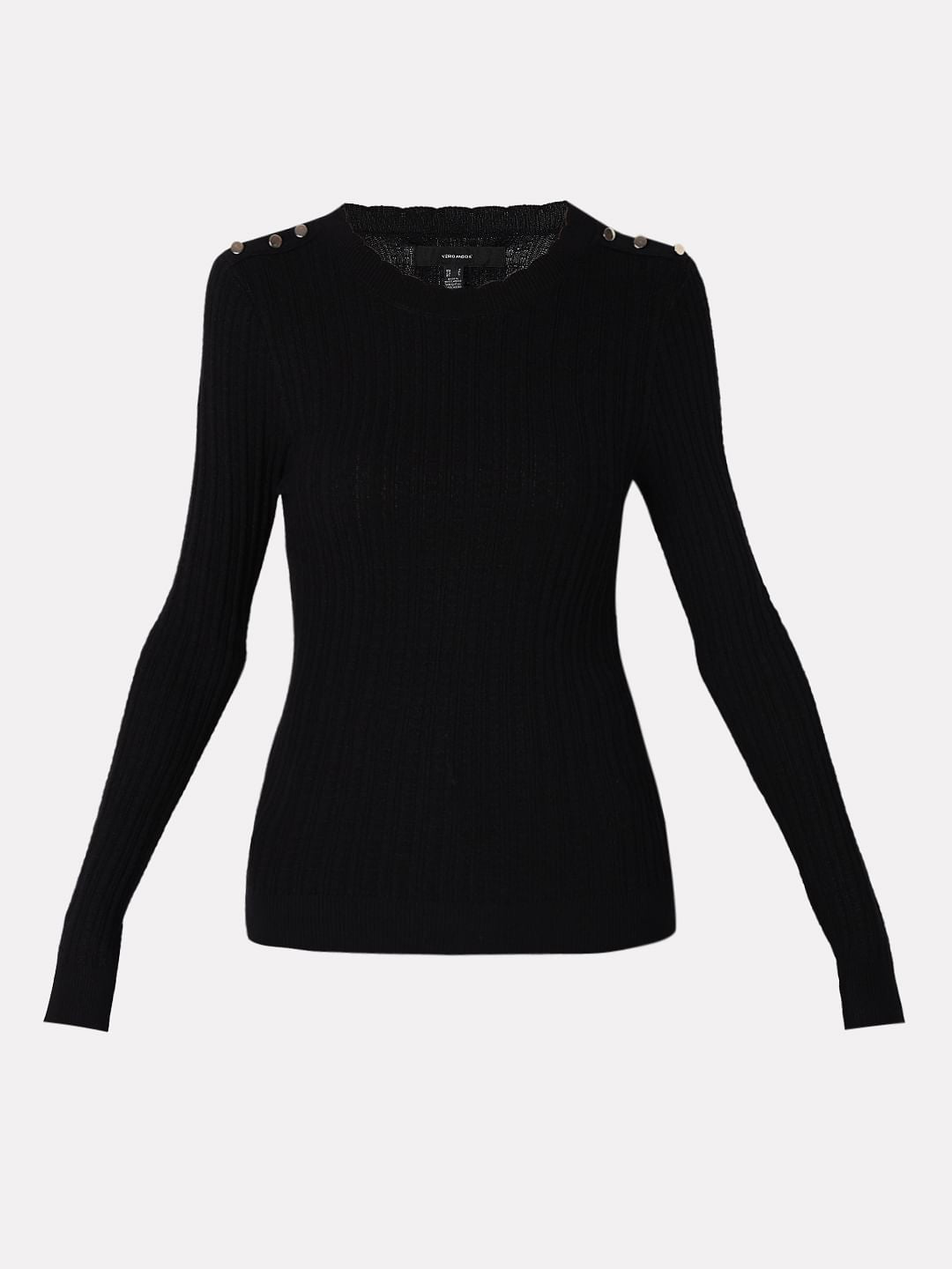 Black Button Detail Fitted Pullover