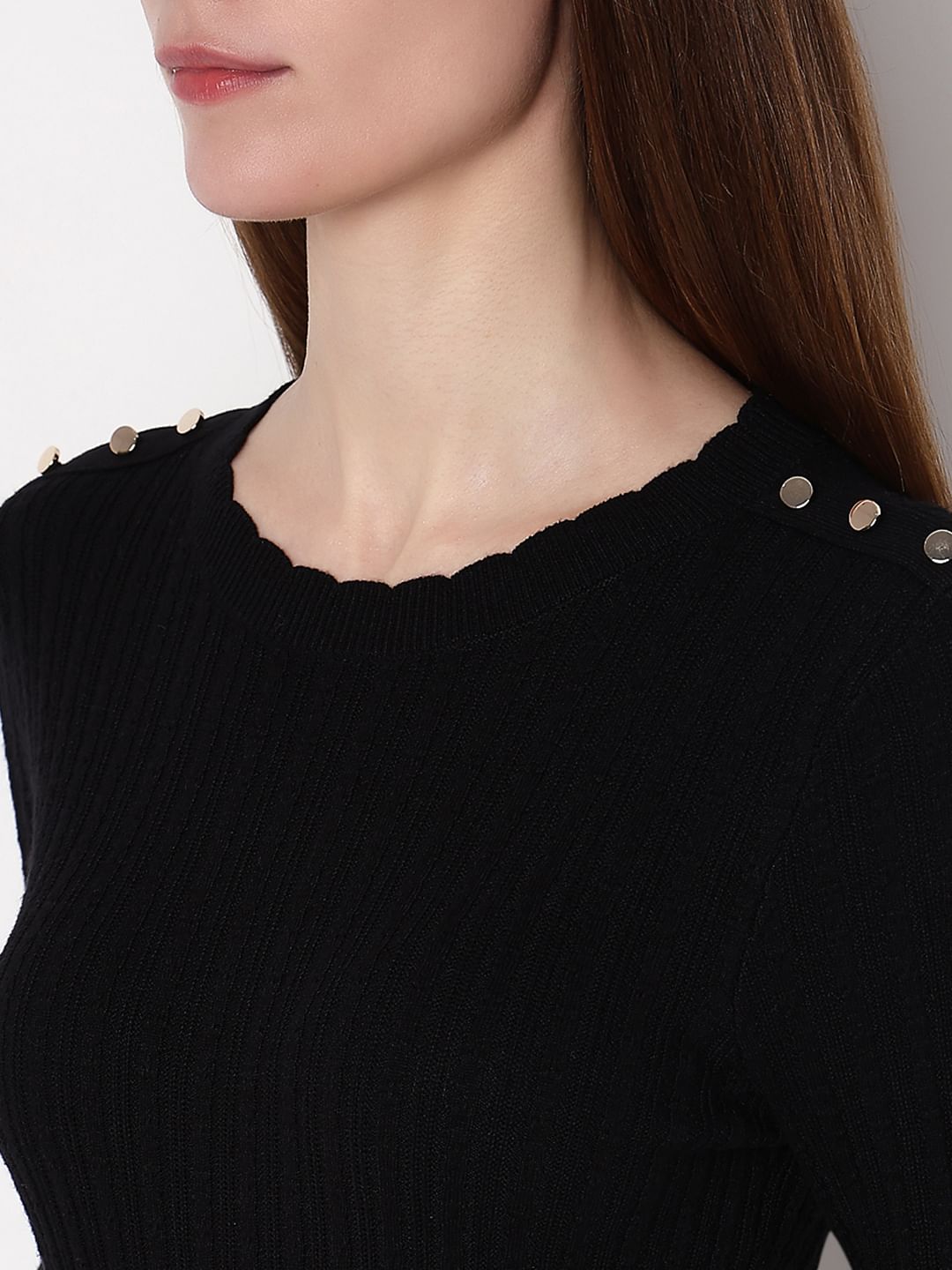 Black Button Detail Fitted Pullover