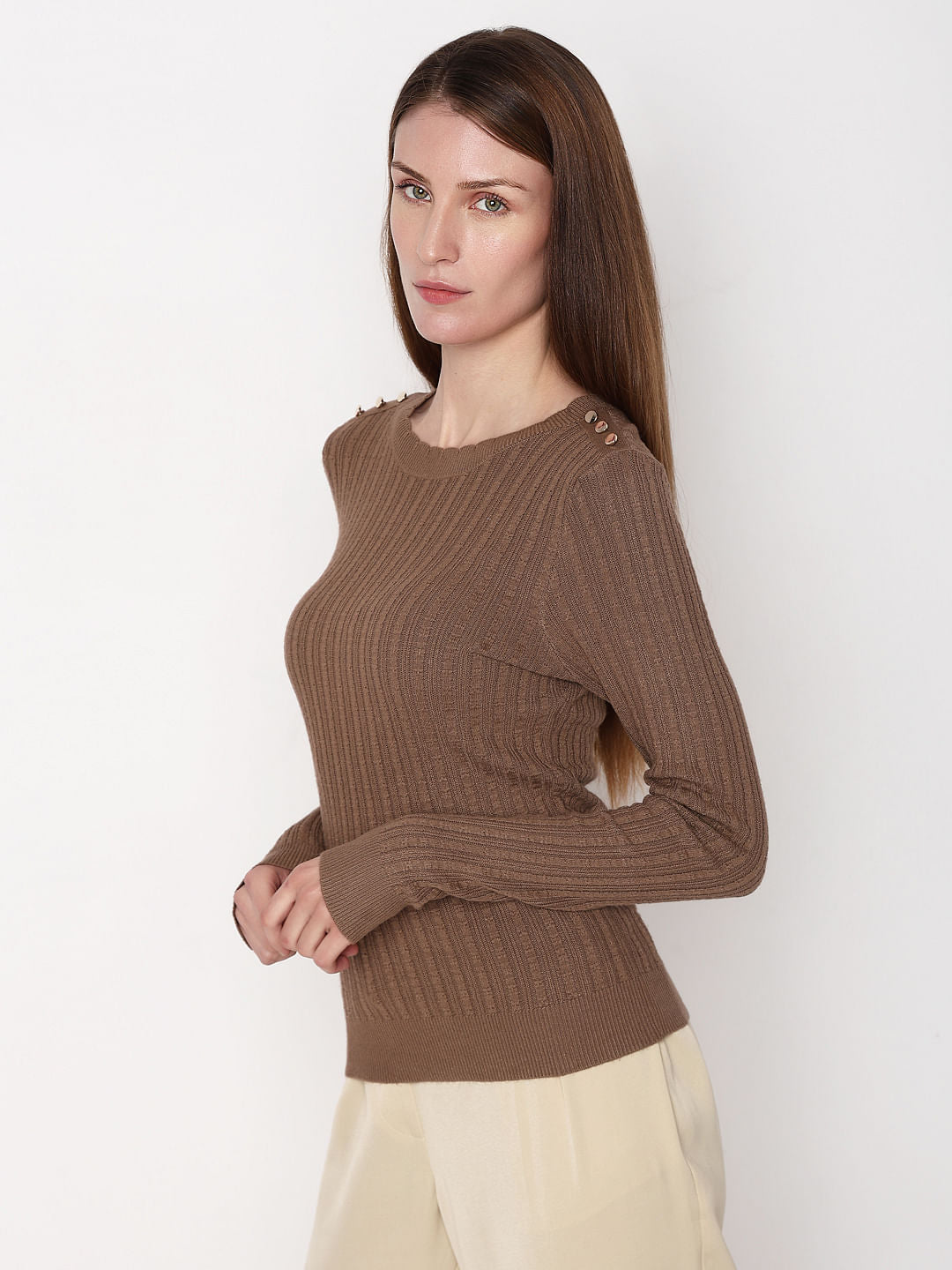 Brown Button Detail Fitted Pullover