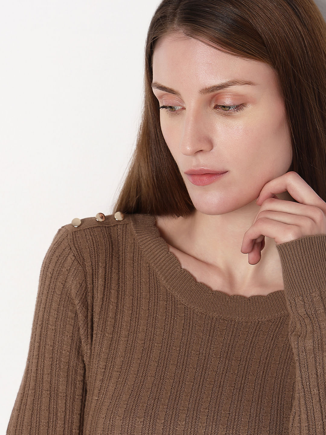 Brown Button Detail Fitted Pullover