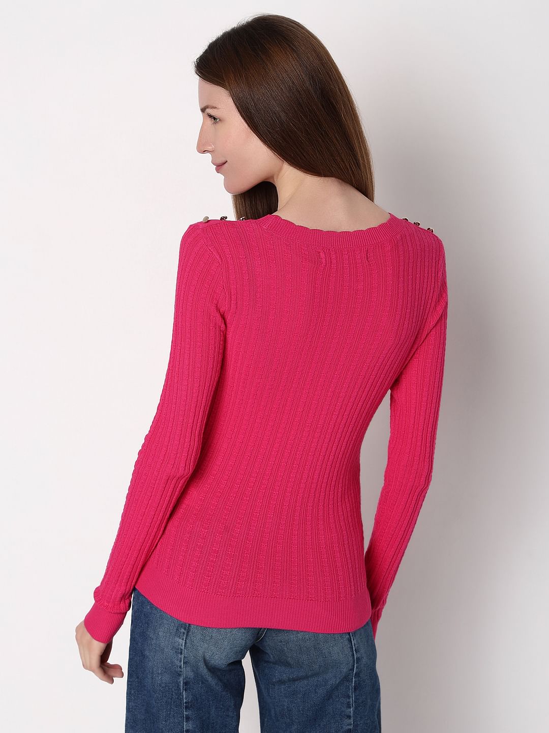 Pink Button Detail Fitted Pullover