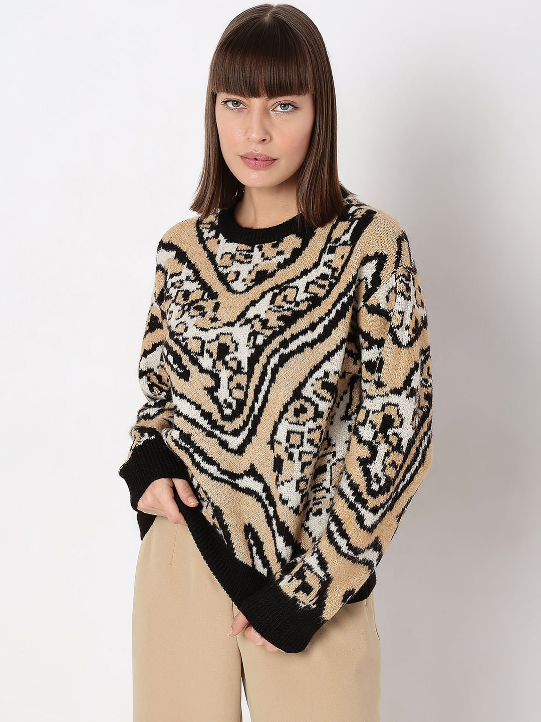 Black & Beige Printed Pullover
