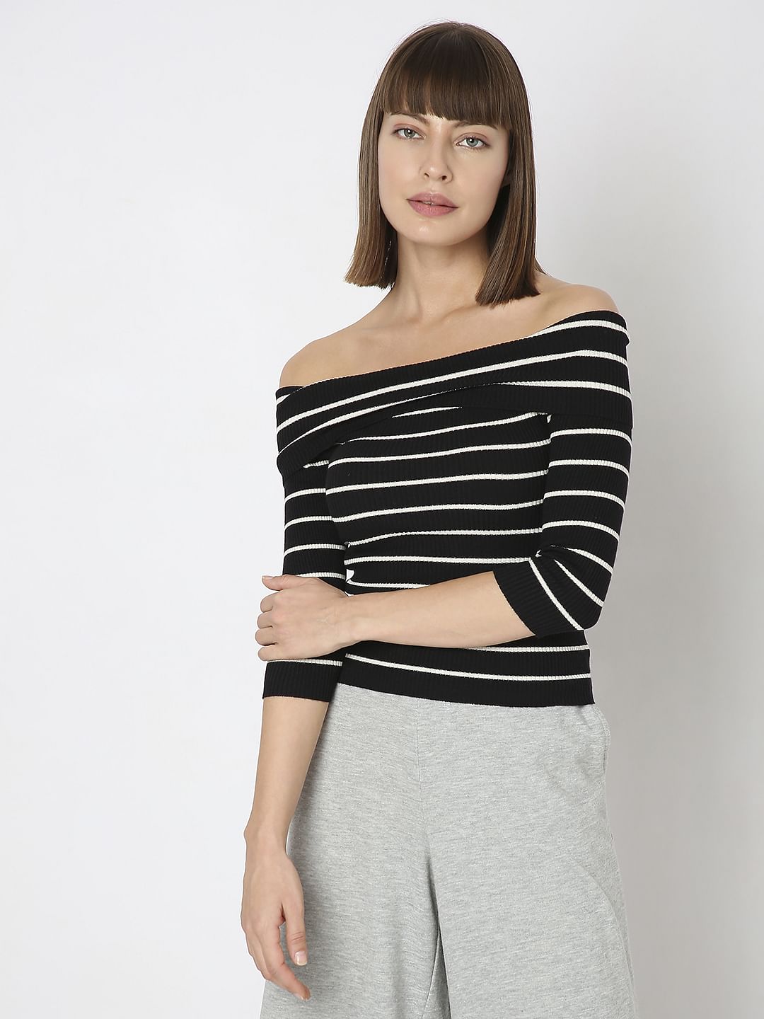 Black Striped Off-Shoulder Top