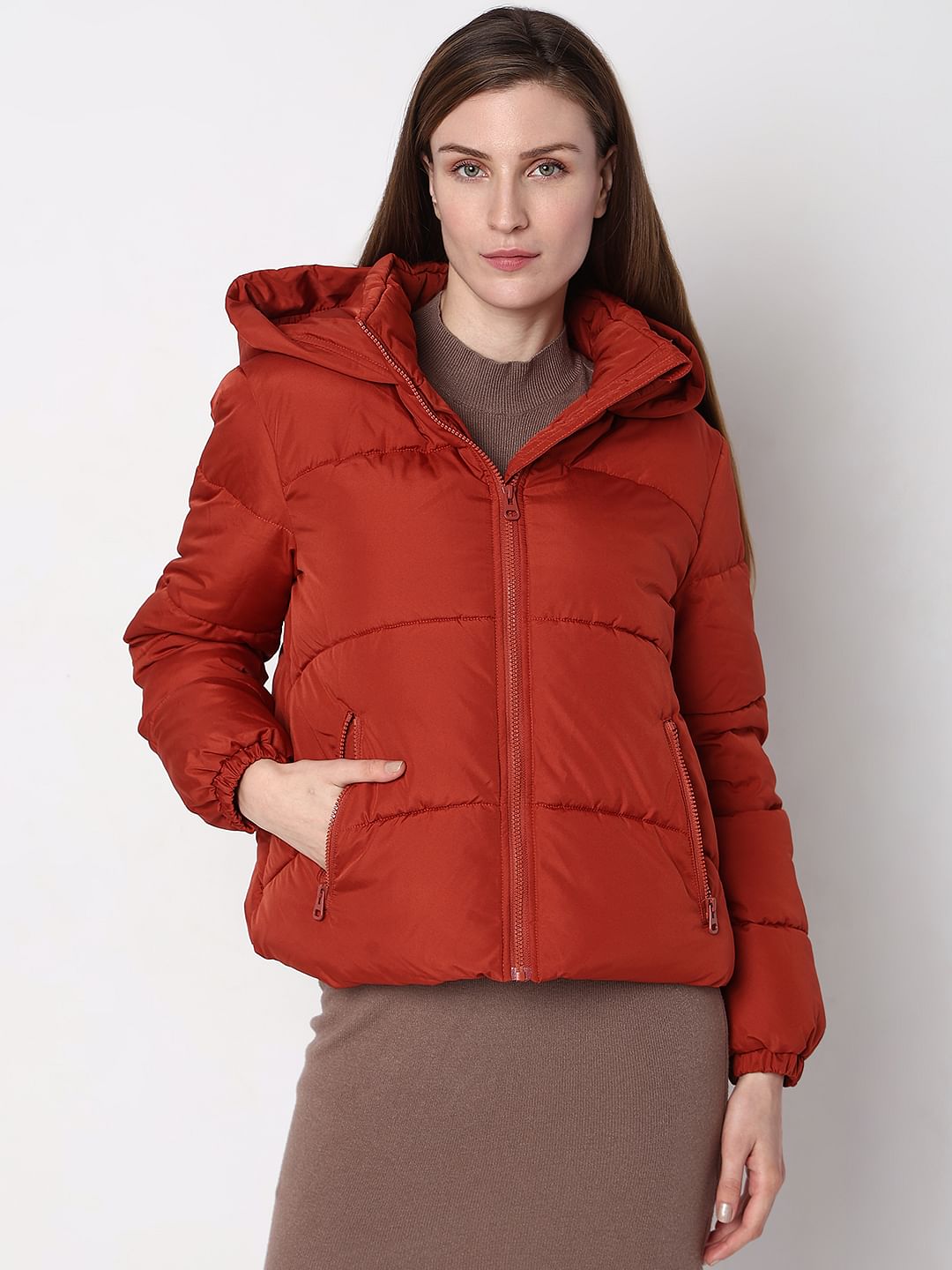 Red Hooded Short Puffer Jacket