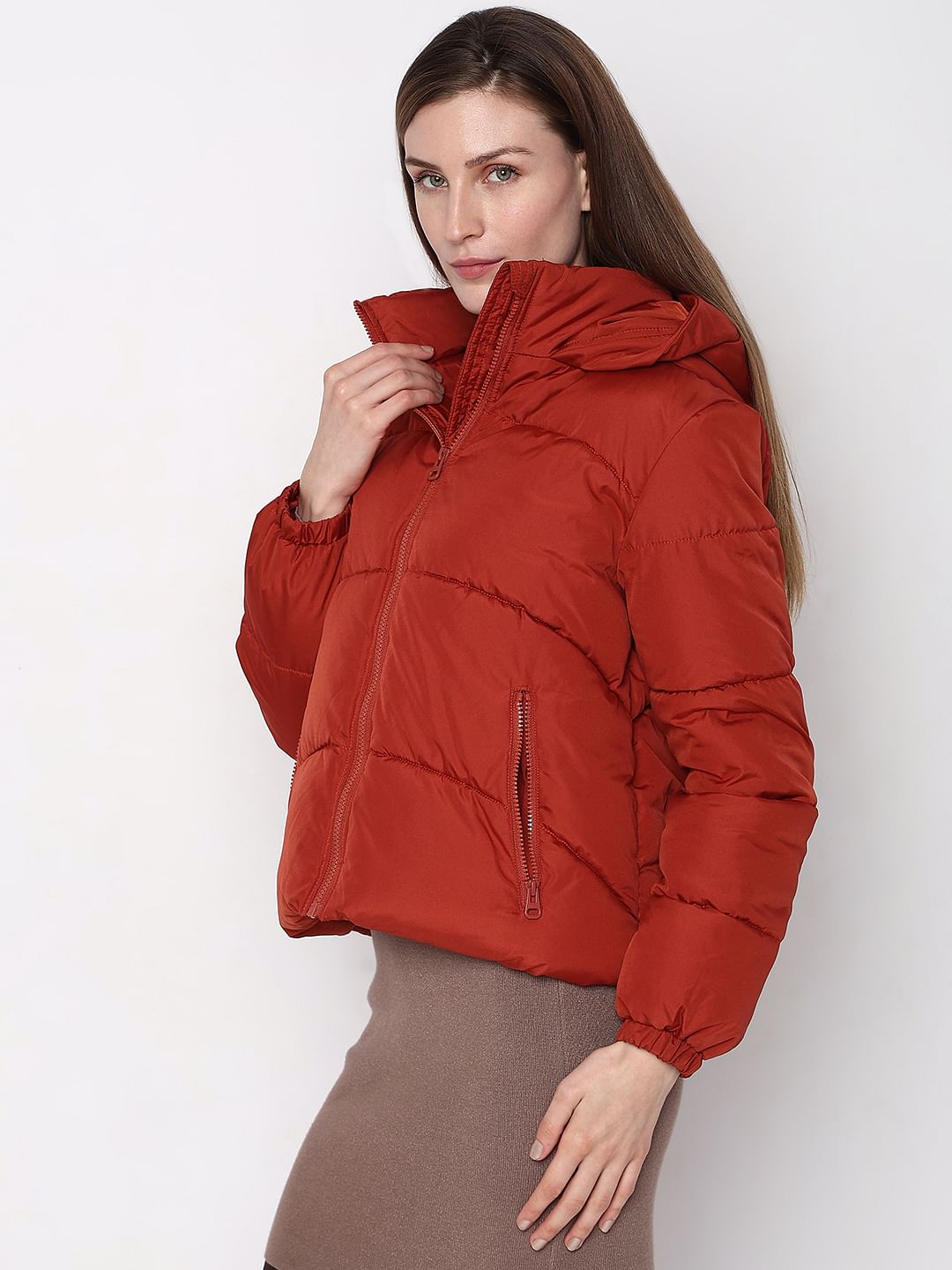 Red Hooded Short Puffer Jacket
