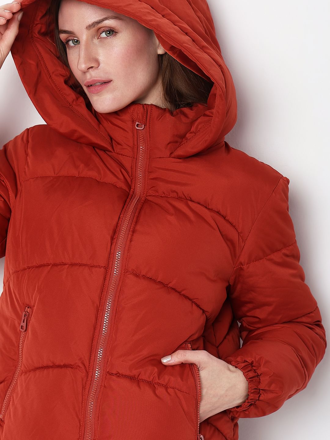 Red Hooded Short Puffer Jacket