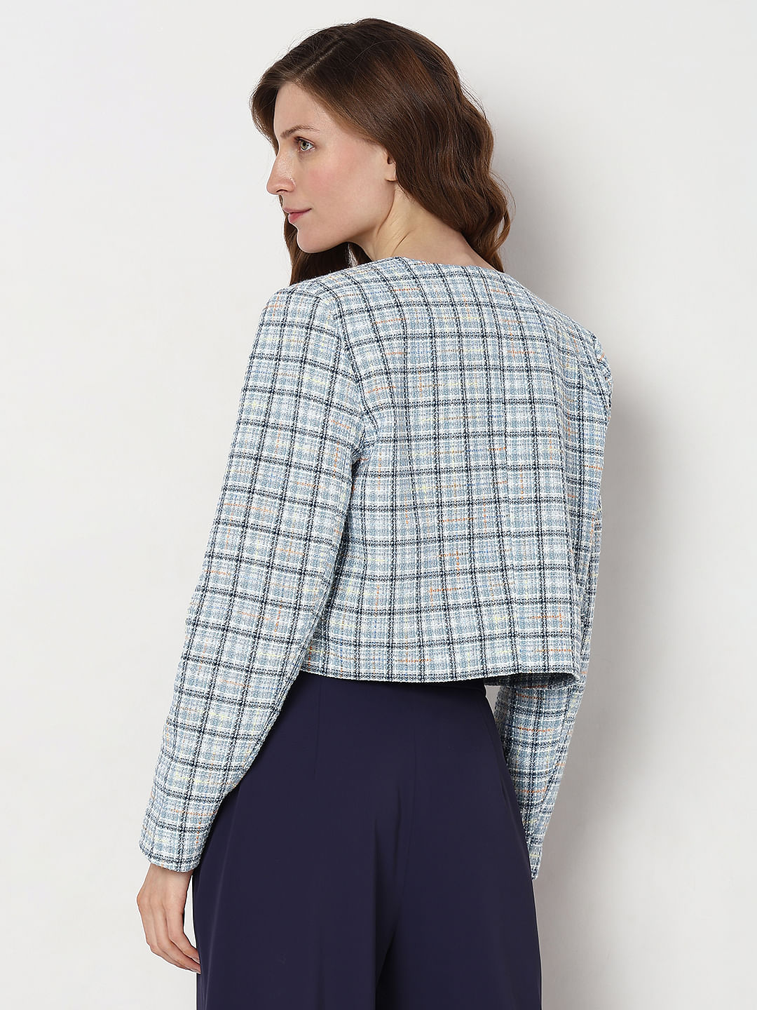 Blue Tweed Cropped Co-Ord Set Blazer