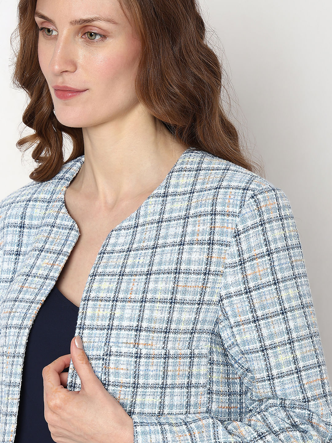 Blue Tweed Cropped Co-Ord Set Blazer