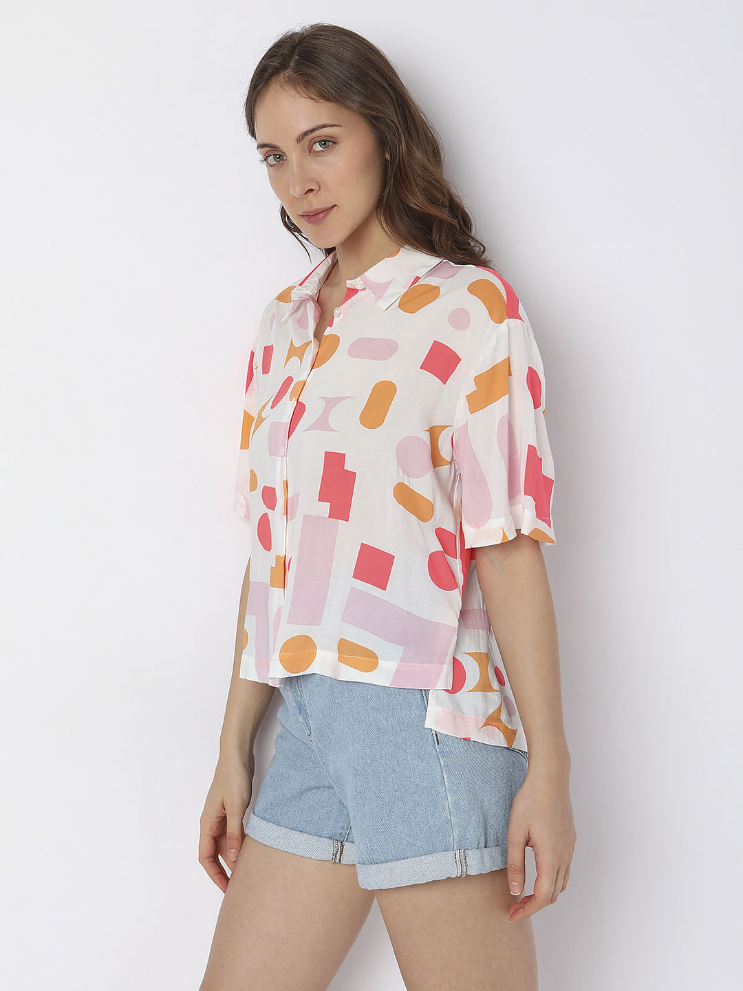 White Geometric Print Shirt