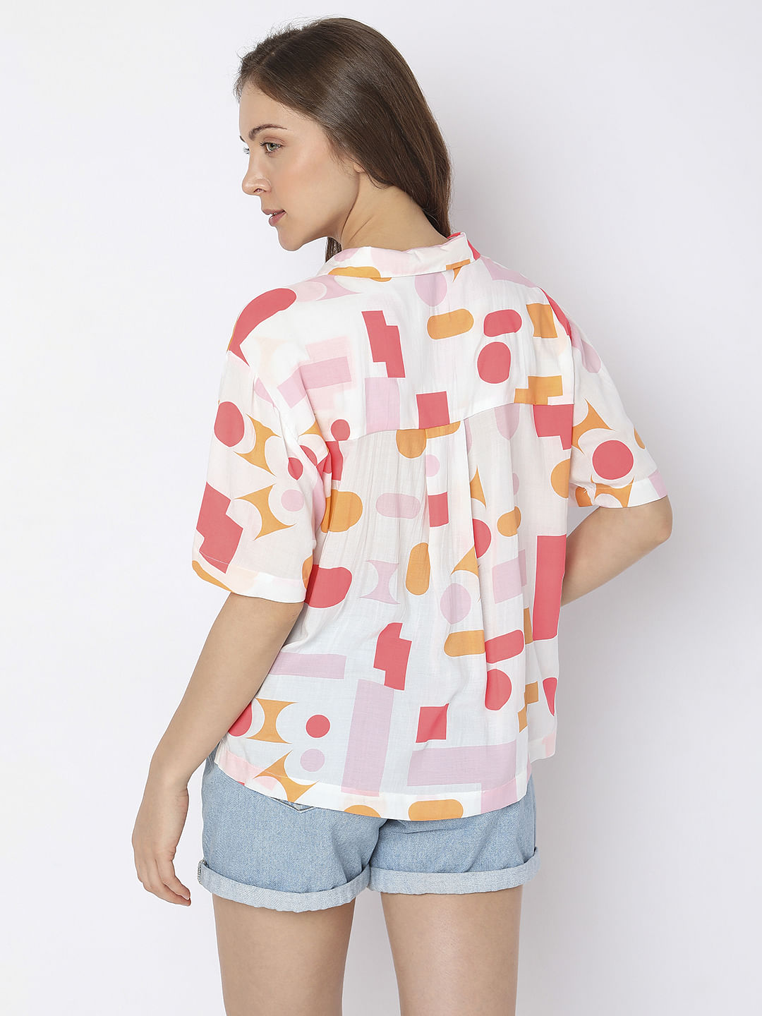 White Geometric Print Shirt