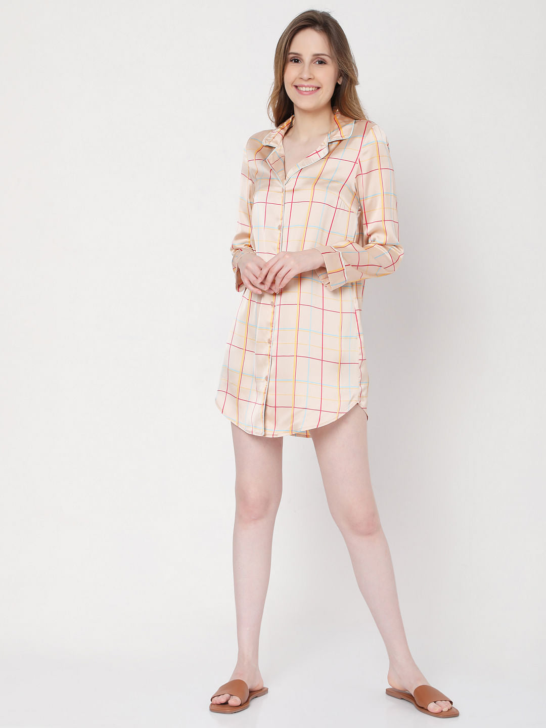 Beige Check Nightwear Dress