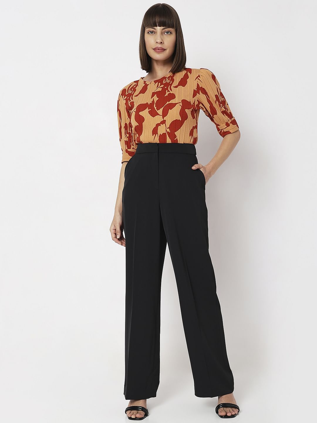 Black High Rise Straight Fit Pants