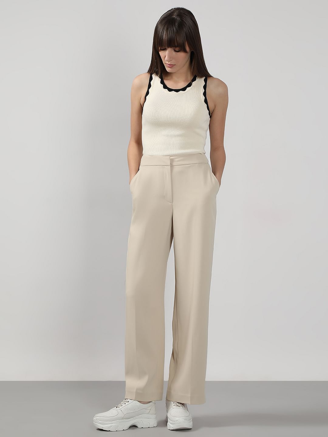 Beige High Rise Flared Pants