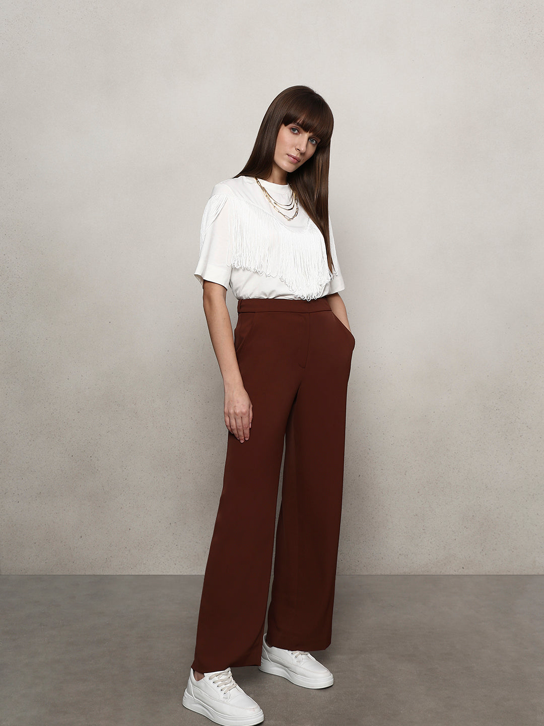 High Rise Wide Leg Pants - Brown