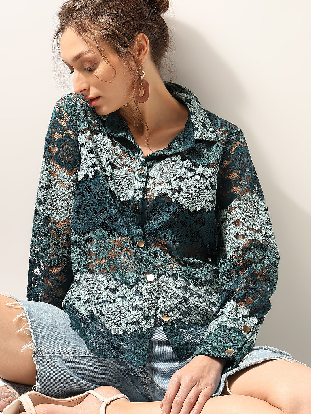 Teal Lace Full Sleeves Shirt