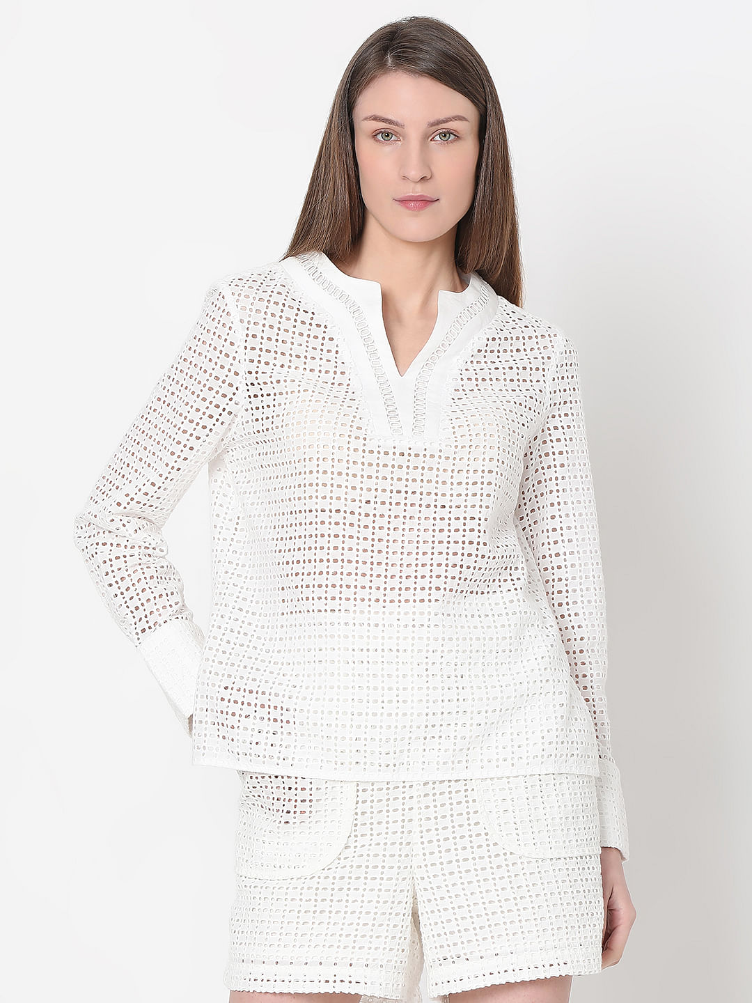 White Schiffli Co-Ord Set Top