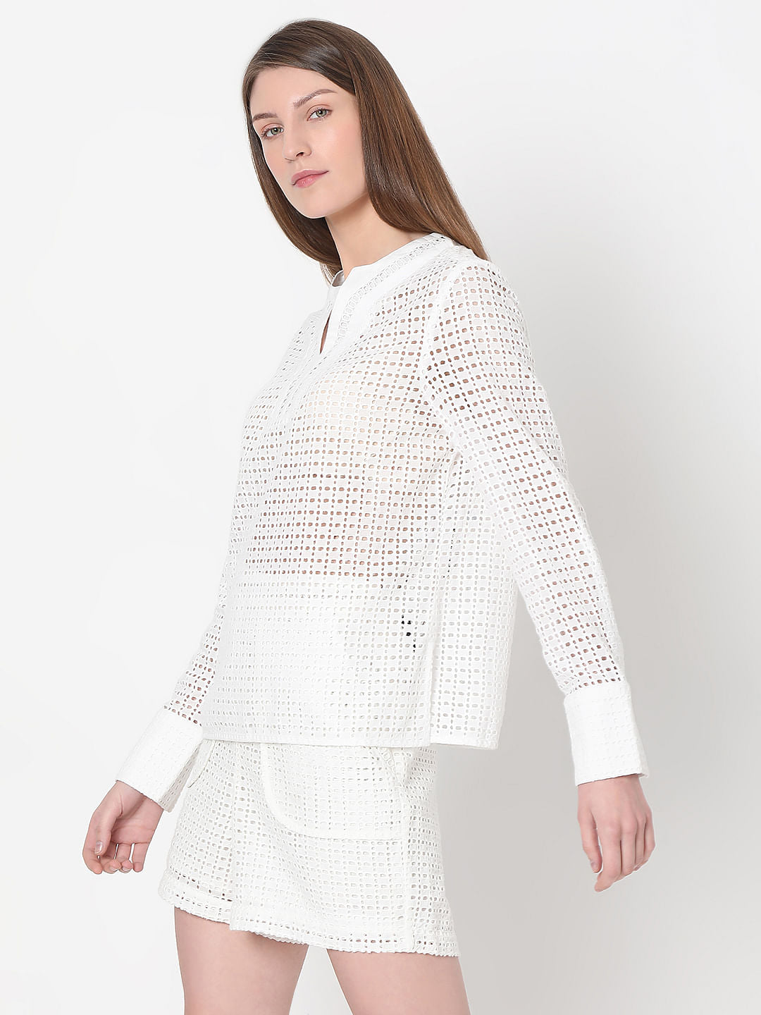 White Schiffli Co-Ord Set Top